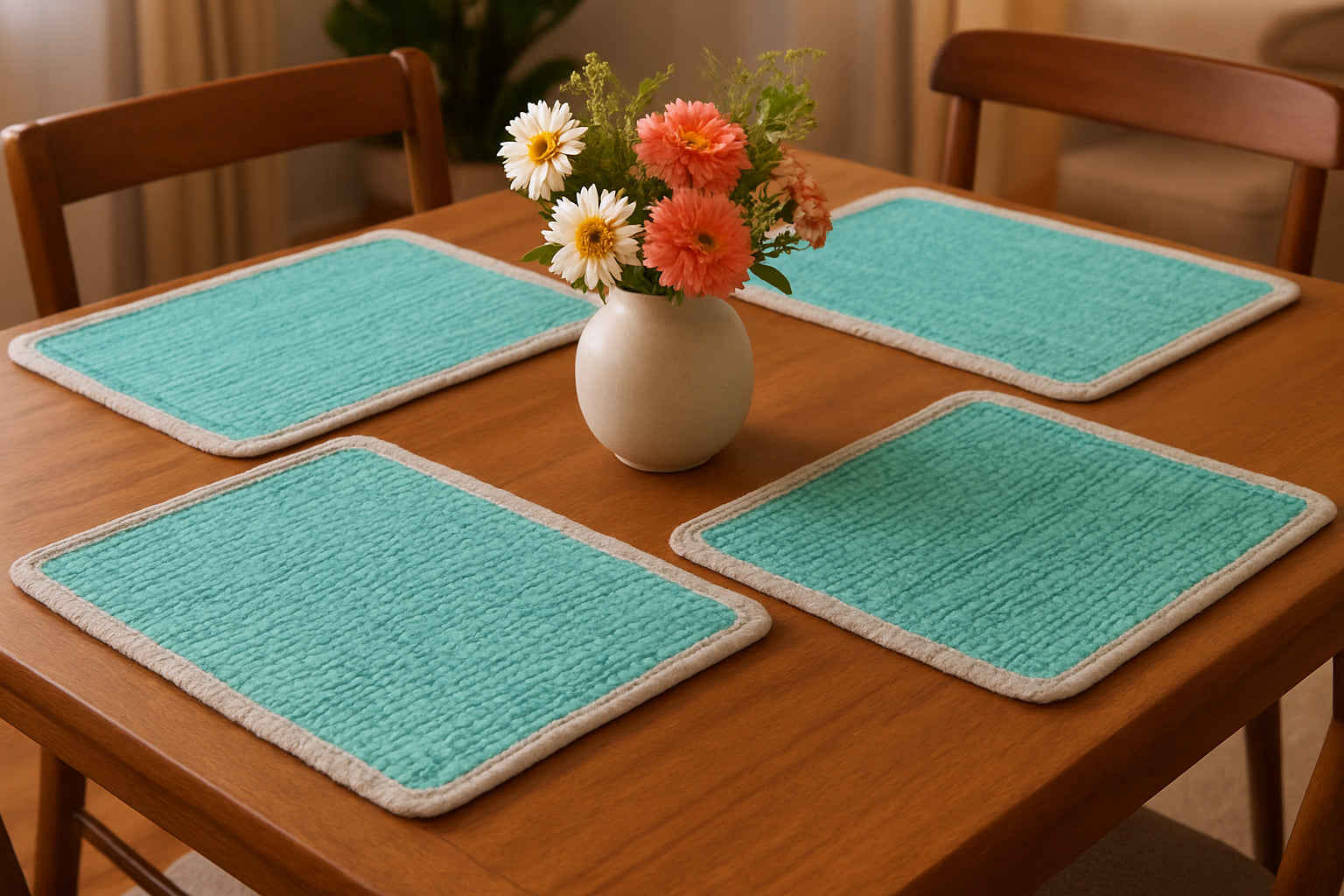 19" Set of Four Turquoise and Natural Solid With Border Cotton Placemats