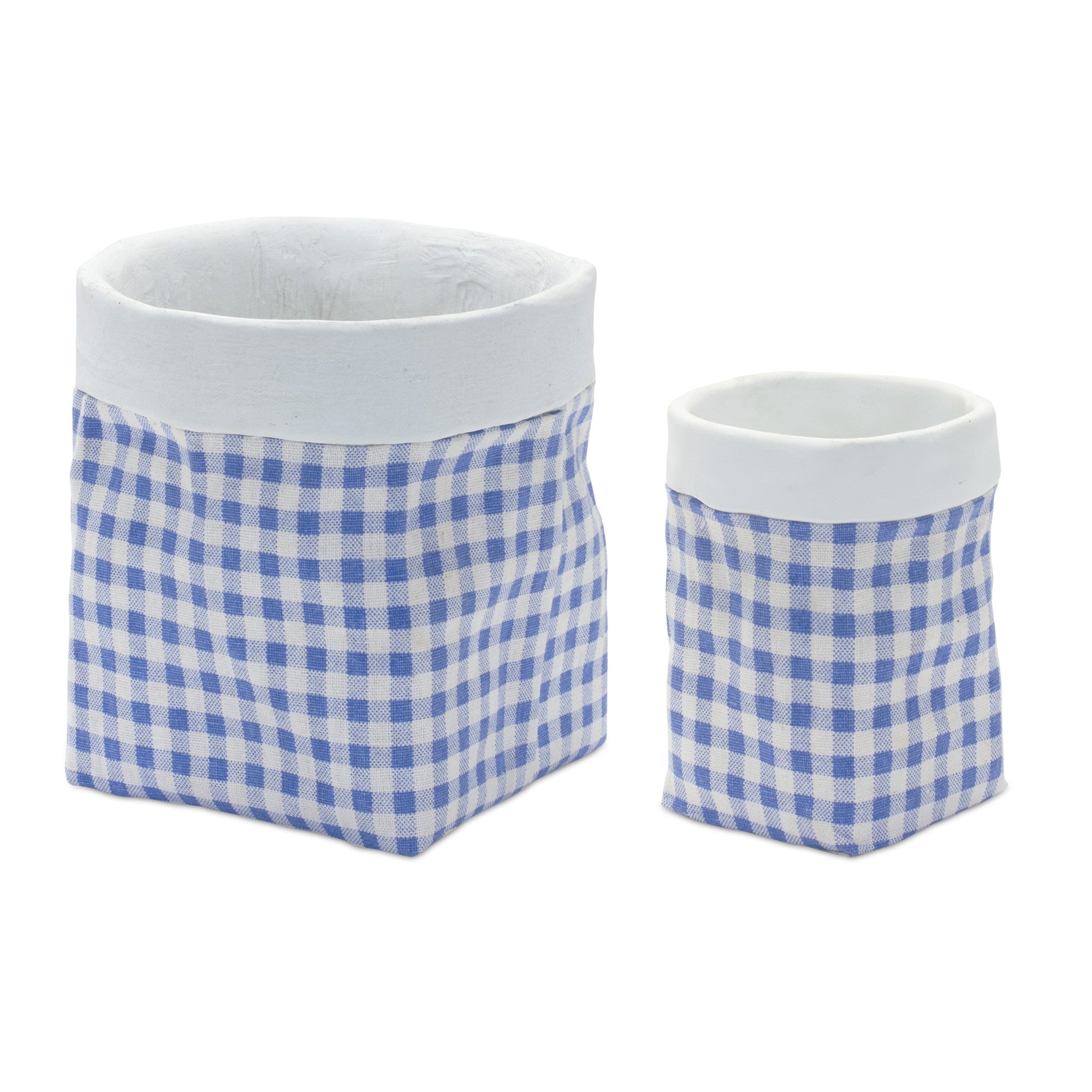 Set of Two Blue And White Cement 7 Ounce Gingham Pot Planters