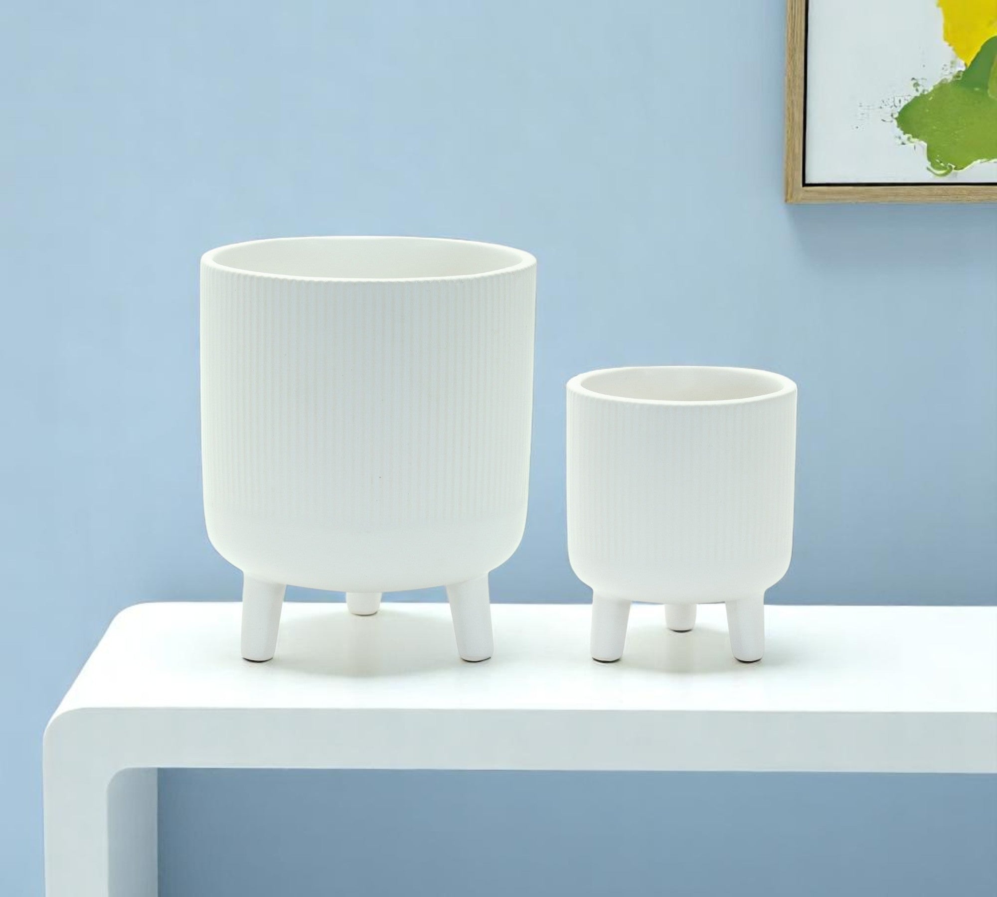 Set of Two White Ceramic Striped Footed Pot Planters