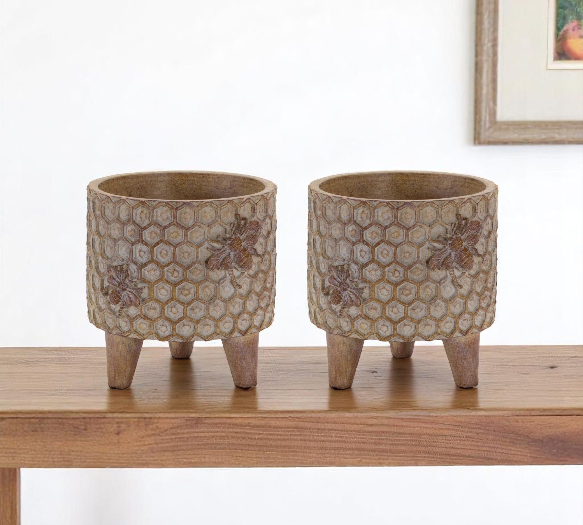 Set of Two Brown Polyresin 3 Ounce Bumble Bee Pot Planters