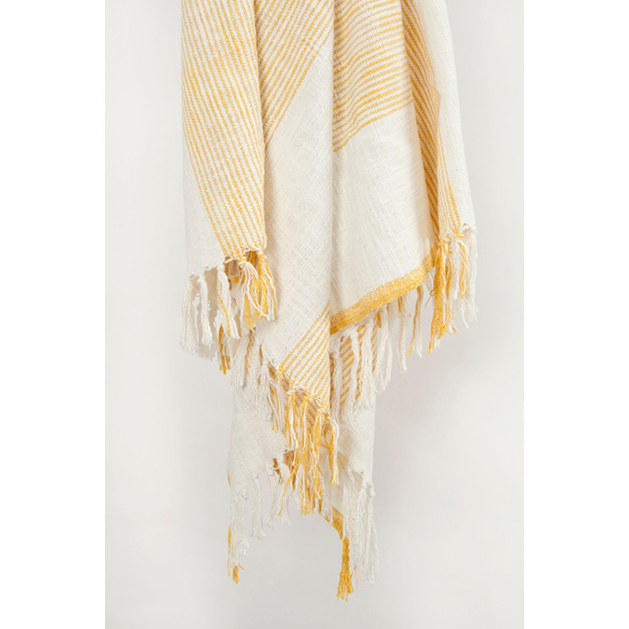 50" X 60" Yellow And Ivory Cotton Woven Striped Throw Blanket with Fringe