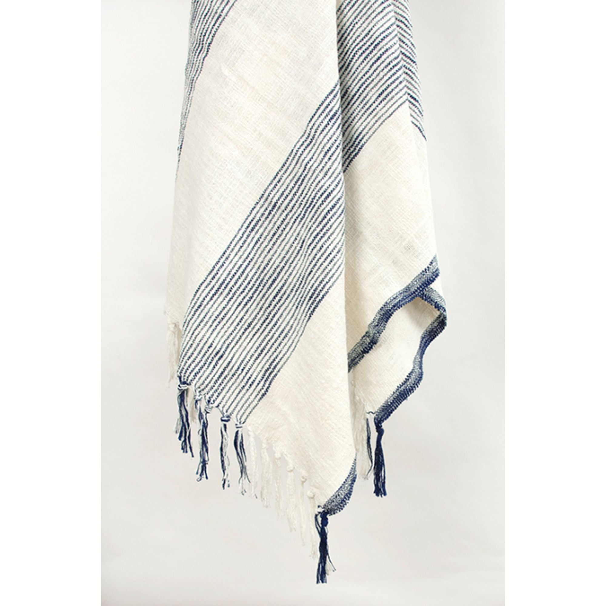 50" X 60" Blue And Ivory Cotton Woven Striped Throw Blanket with Fringe