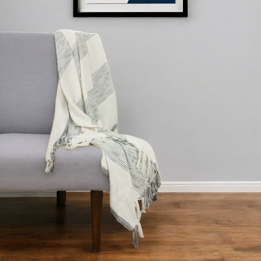 50" X 60" Gray And Ivory Cotton Woven Striped Throw Blanket with Fringe