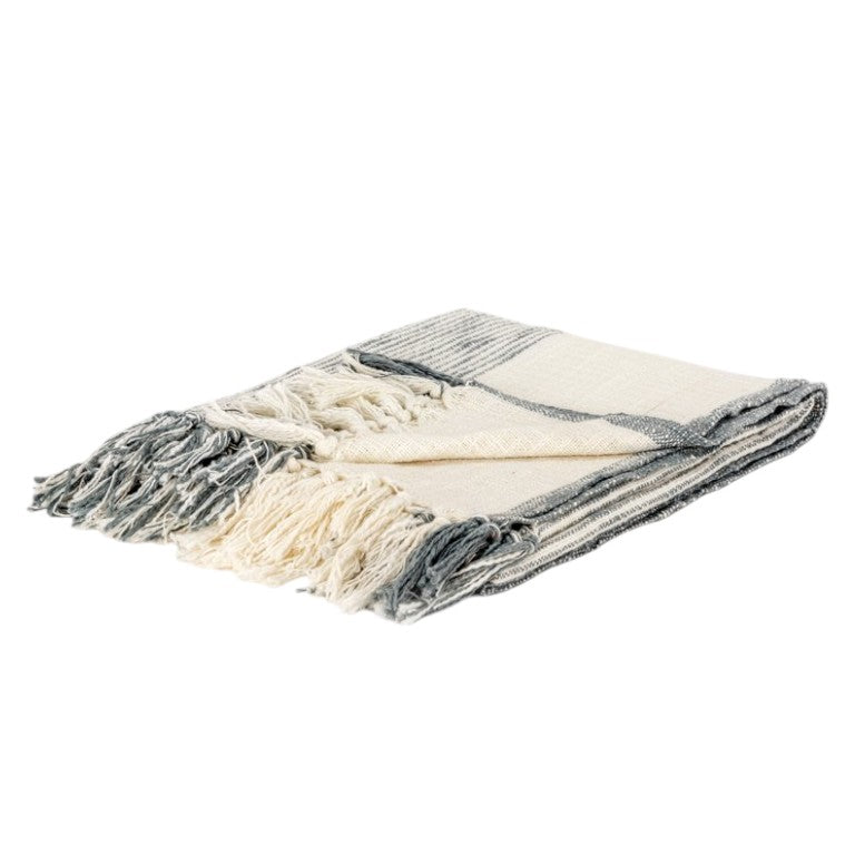 50" X 60" Gray And Ivory Cotton Woven Striped Throw Blanket with Fringe