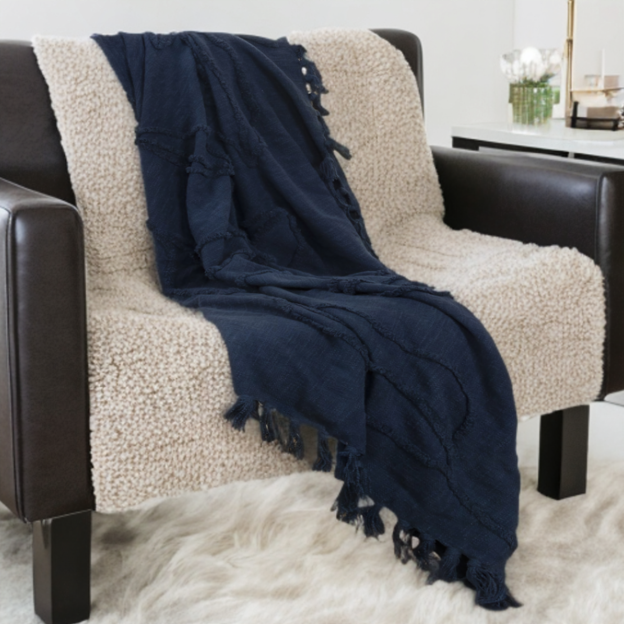 50" X 50" Blue Floral Cotton Woven Throw Blanket with Fringe