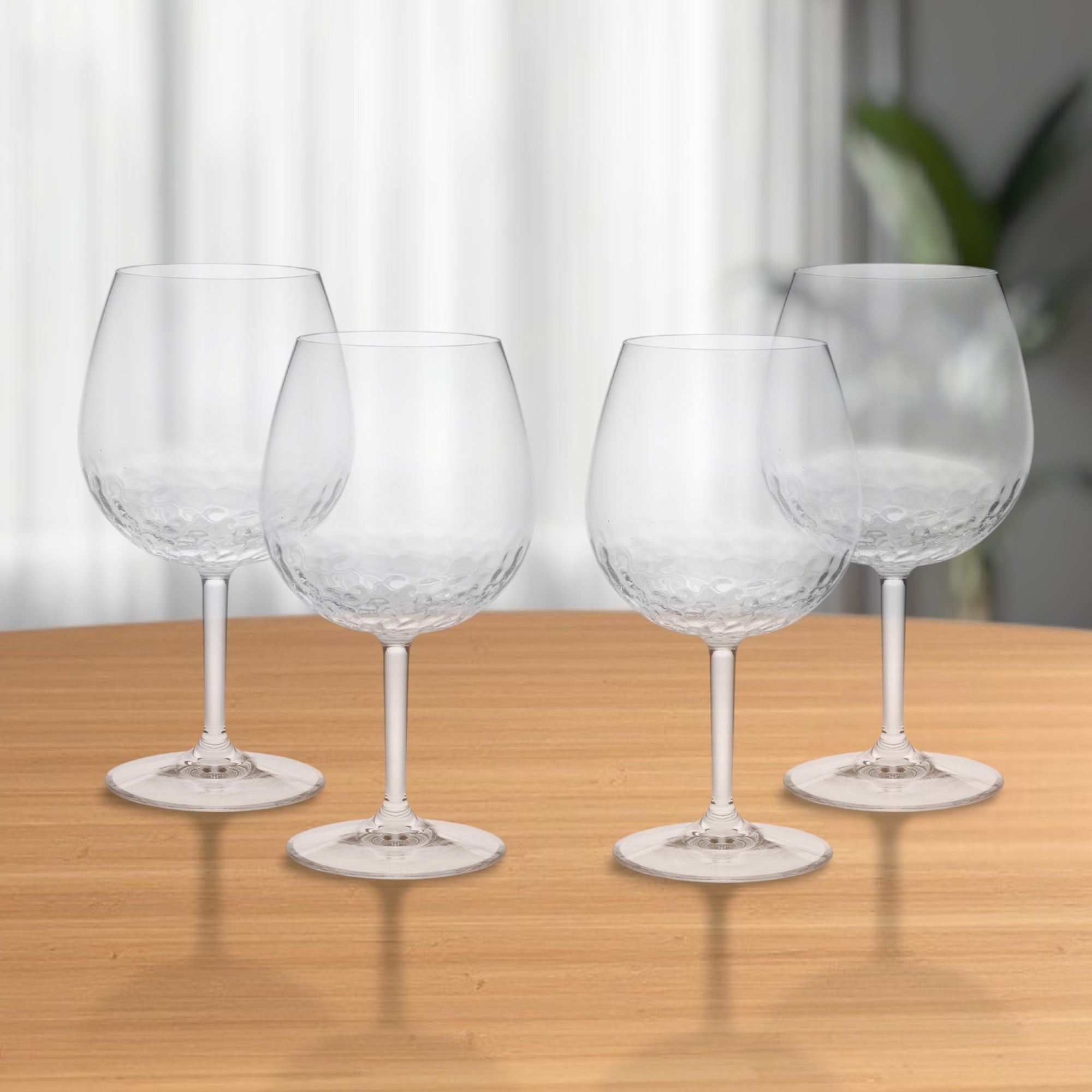 Set of Four Clear Dimpled Tritan Plastic Balloon or Round Bowl Stemmed All Purpose Wine Glasses