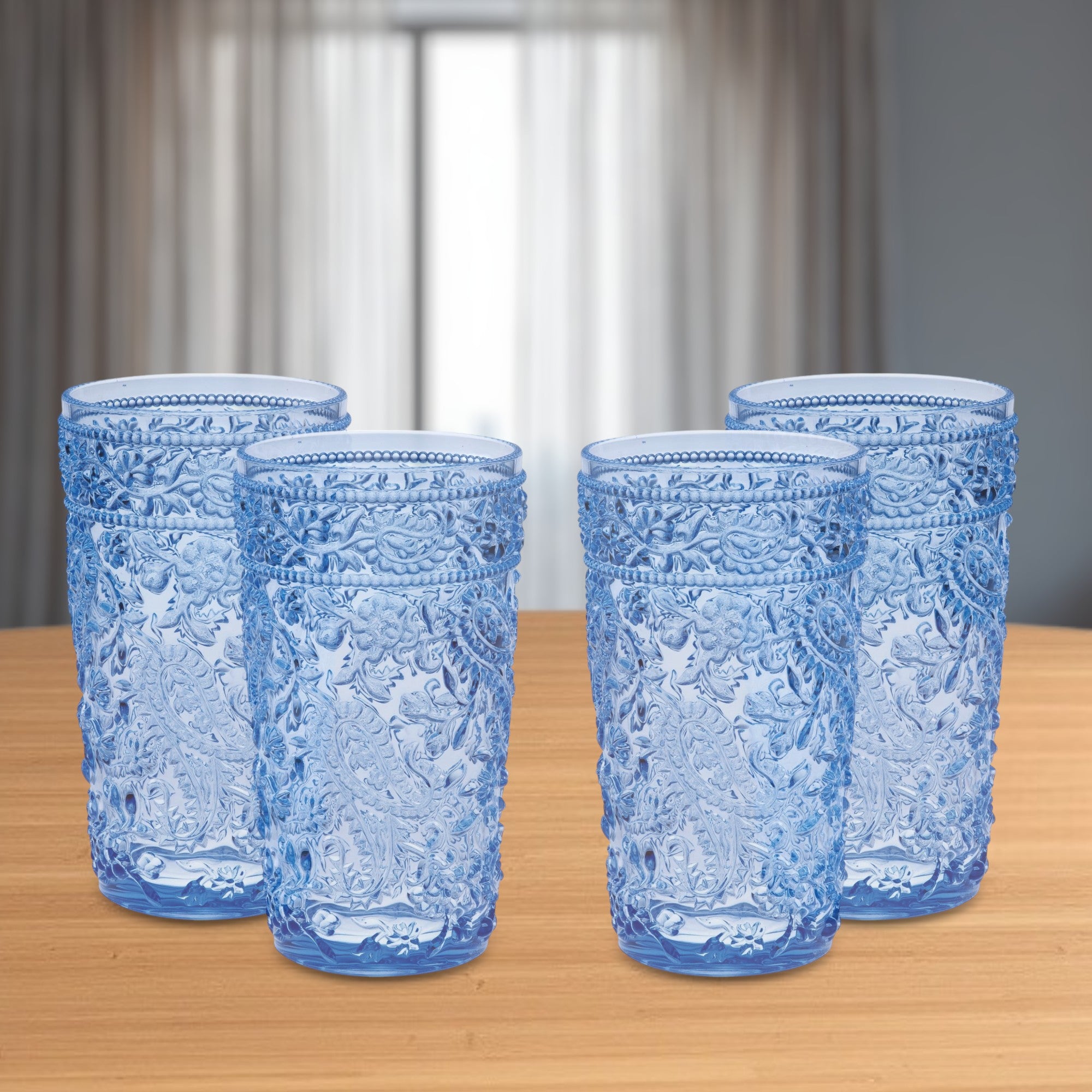 Set of Four Blue Paisley Acrylic Stemless Highball Glass