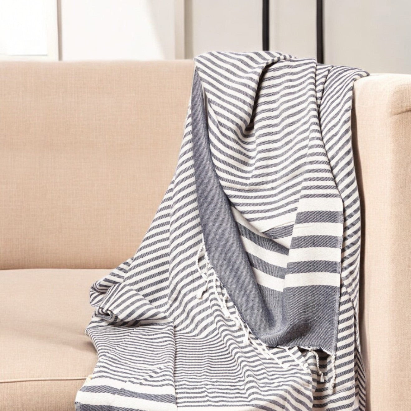 59" X 71" Blue and White Cotton Plain Weave Striped Throw Blanket with Tassels