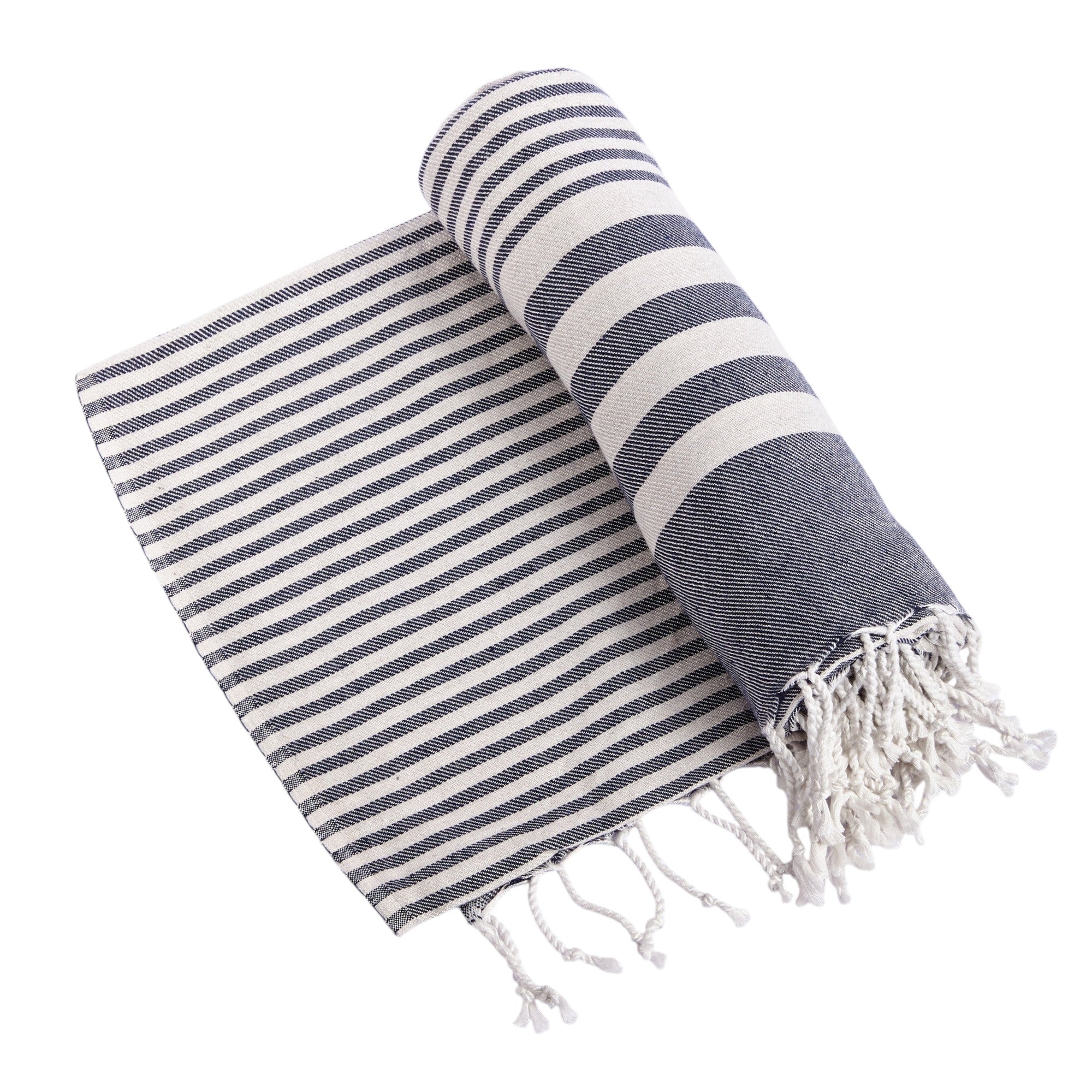 59" X 71" Blue and White Cotton Plain Weave Striped Throw Blanket with Tassels