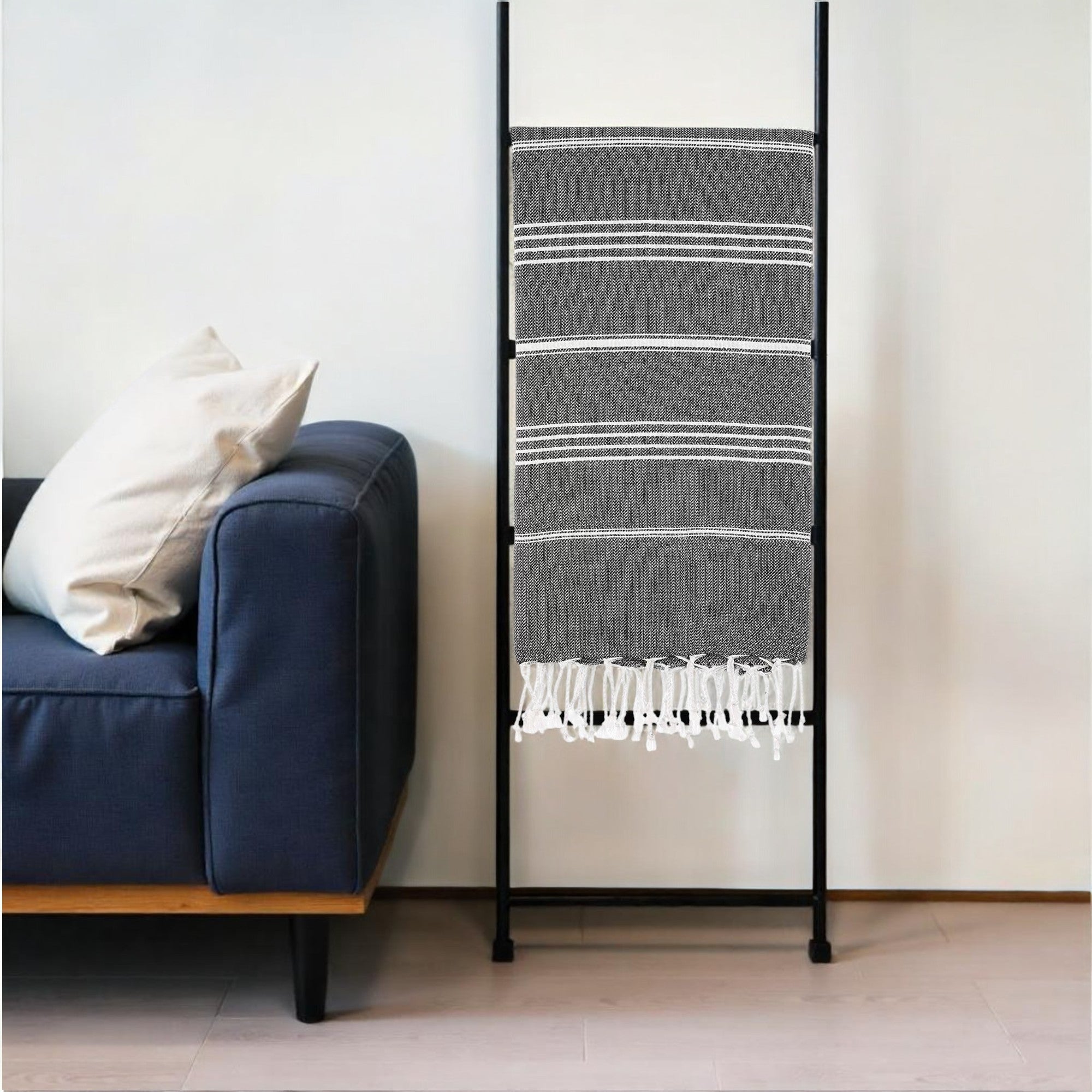 39" X 71" White and Black Cotton Turkish Towel Throw Blanket with Tassels
