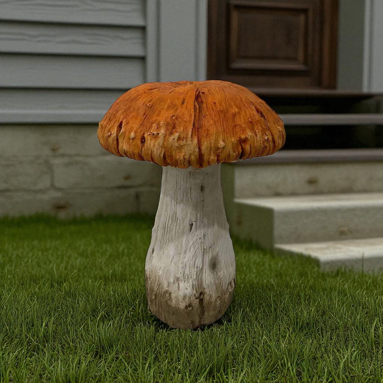 15" Orange And White Polyresin Mushroom Outdoor Statue