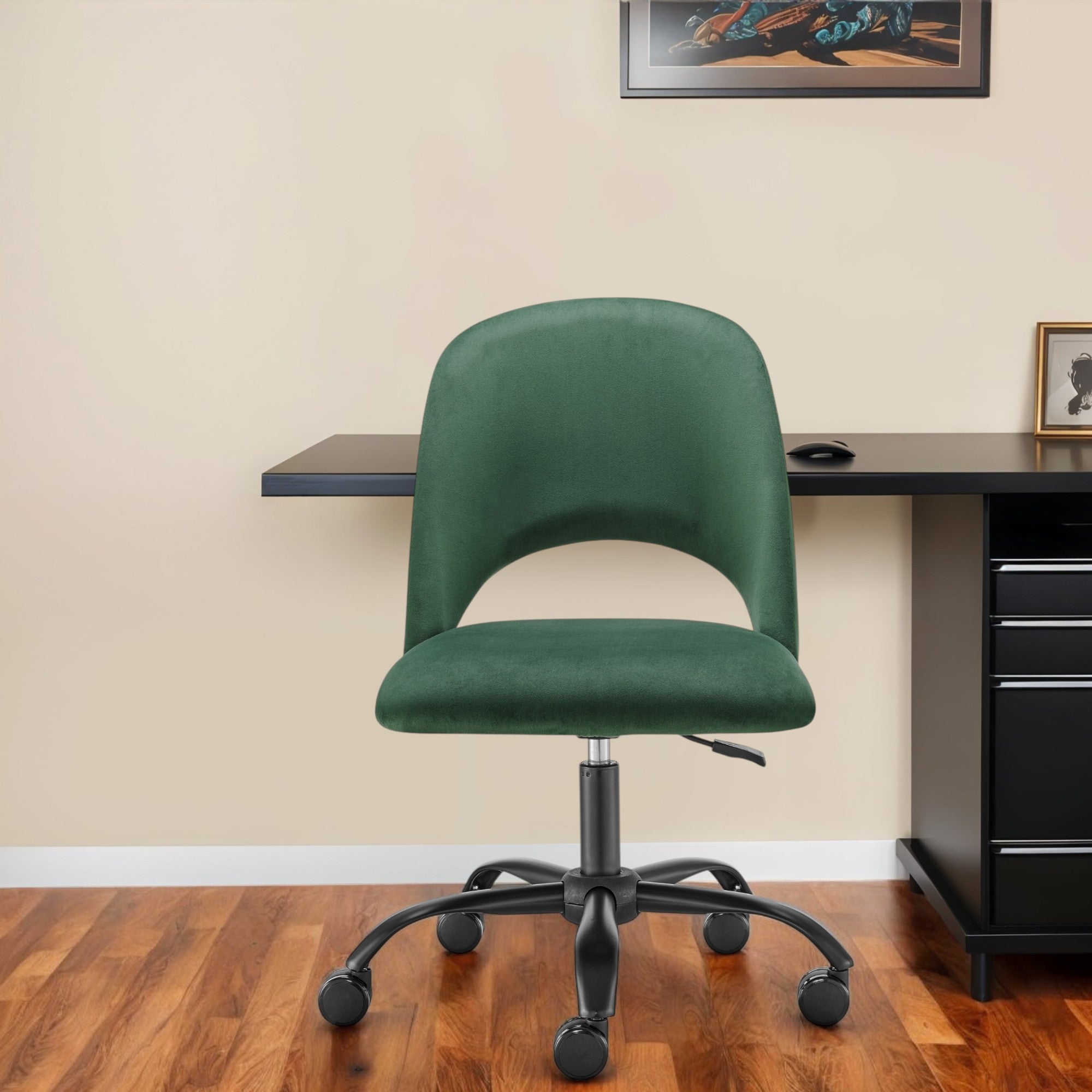 Green and Black Steel and Velvet Adjustable Swivel Rolling Conference Office Chair