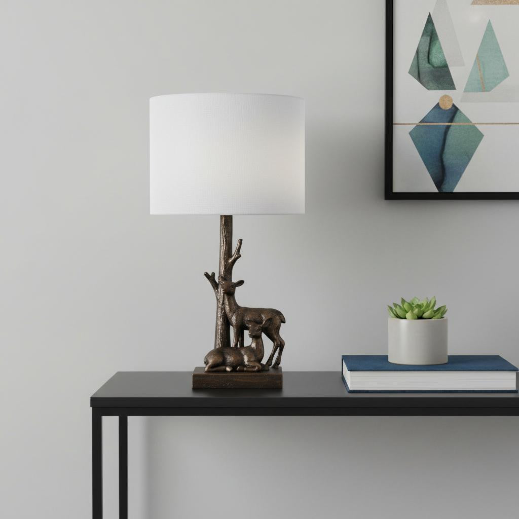 20" Bronze Mom and Baby Deer Table Lamp With White Drum Shade