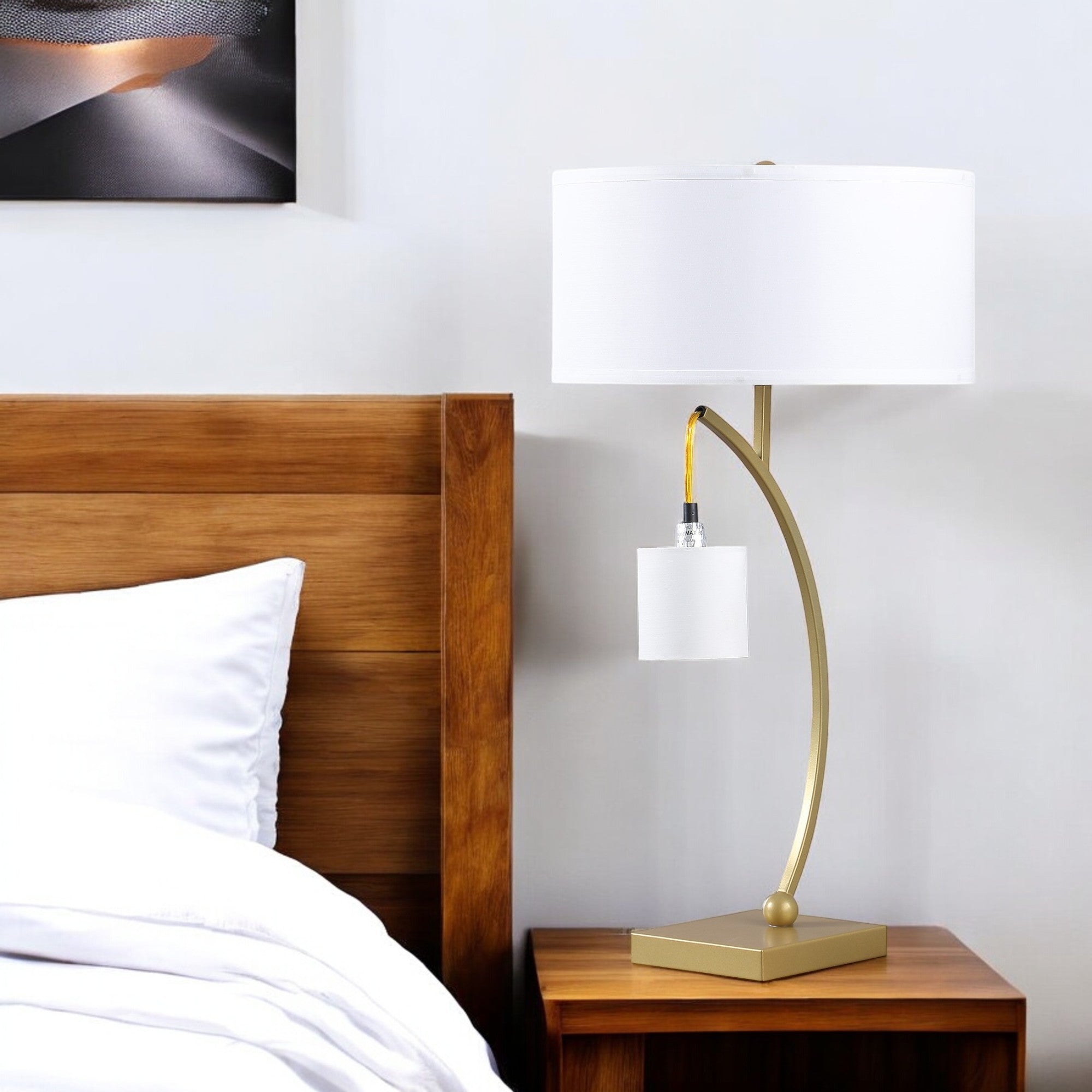 29" Gold Metal Two Light Arched Table Lamp With White Drum Shade