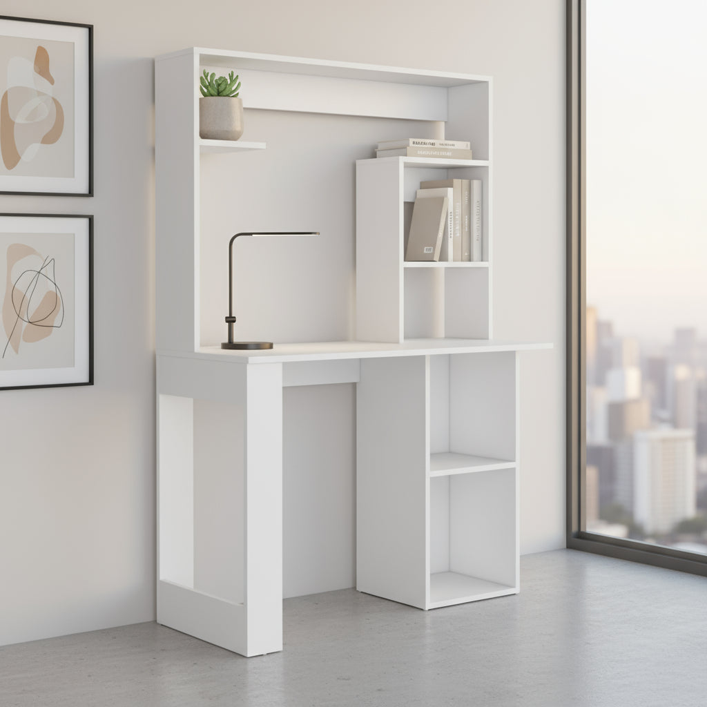 39" White Wood Computer Desk With Hutch