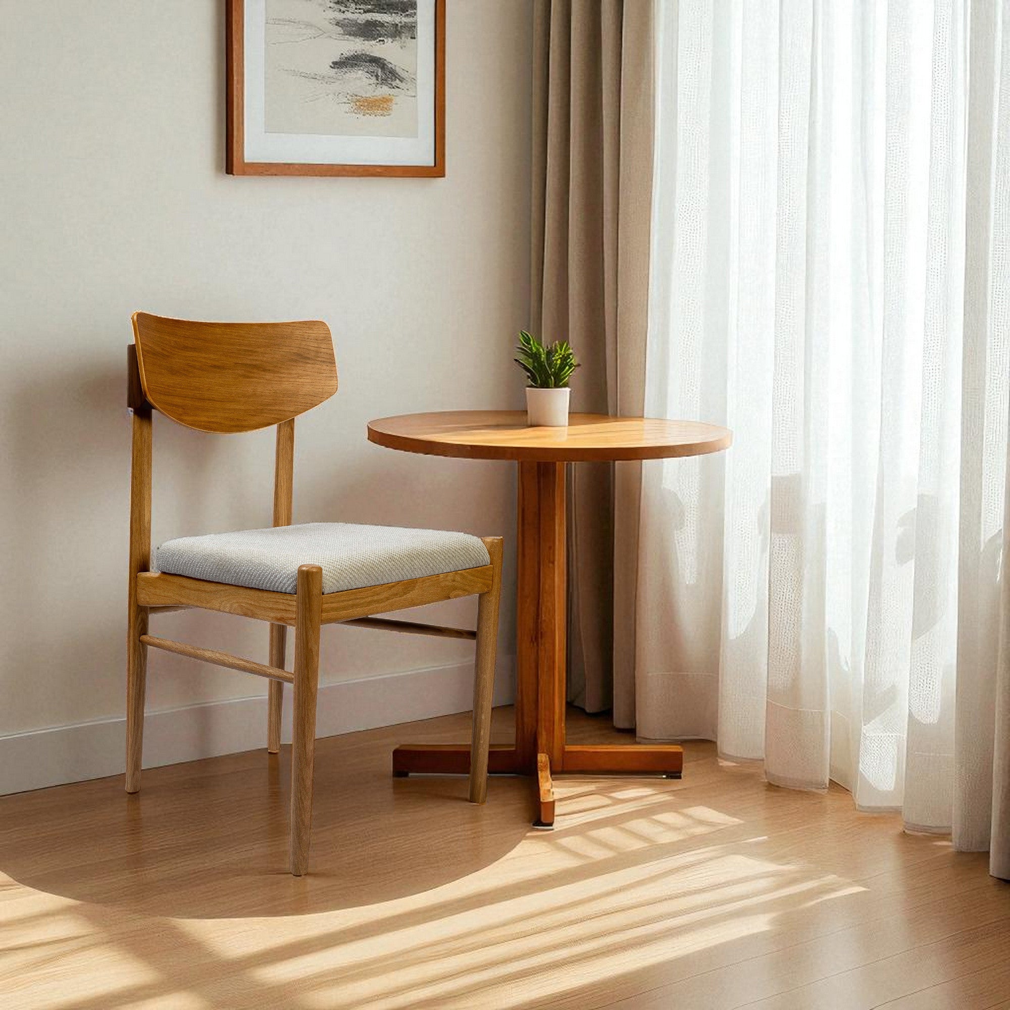 Off White and Natural Upholstered Fabric Open Back Dining Side Chair