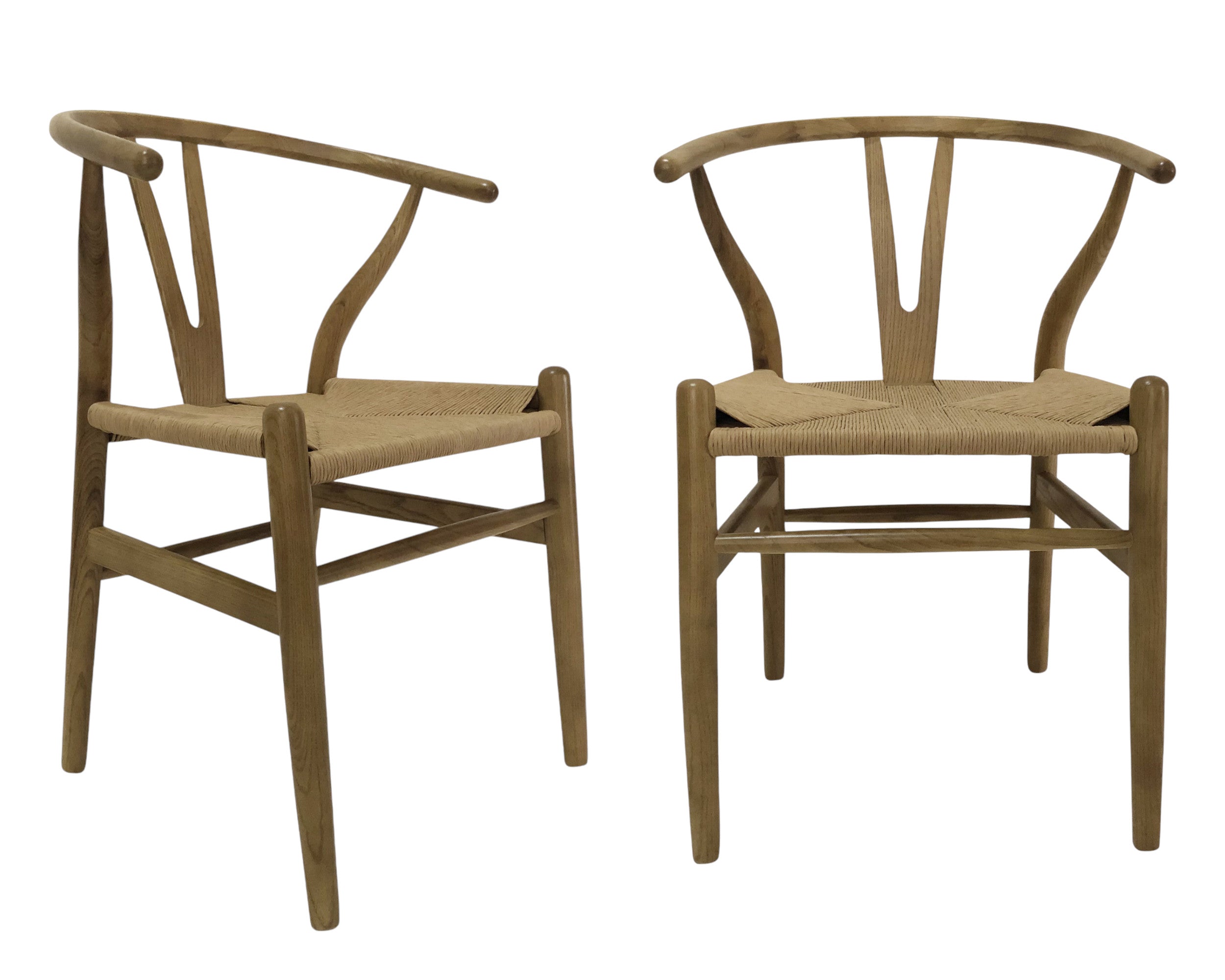 Set of Two Natural Solid Wood Wishbone Back Dining Arm Chairs