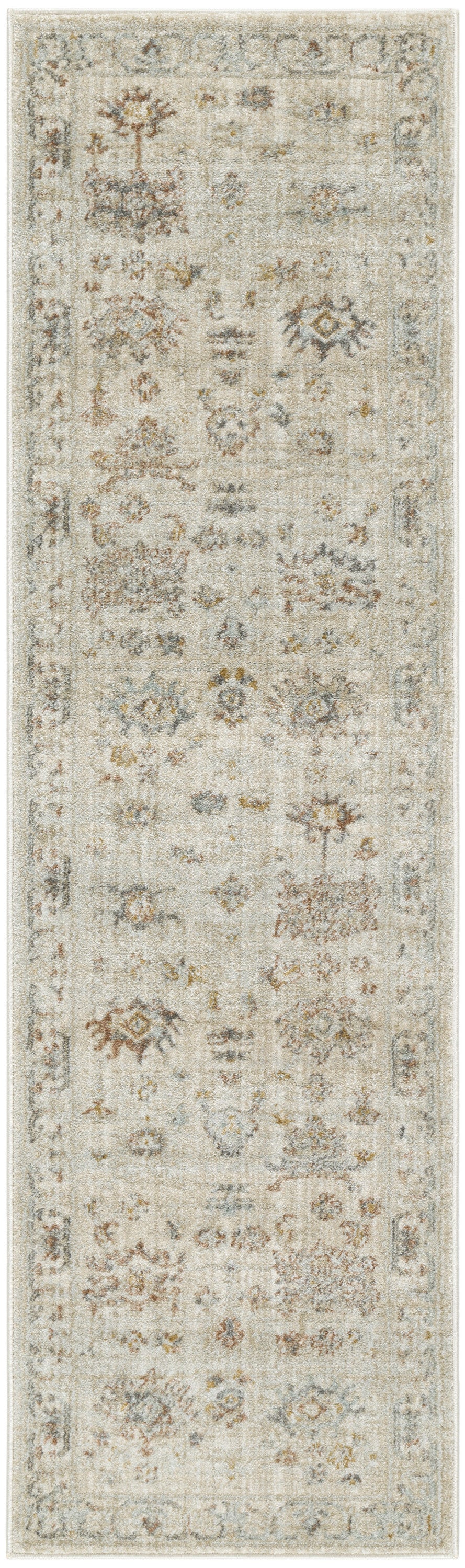 8' Beige and Brown Oriental Power Loom Distressed Runner Rug With Fringe