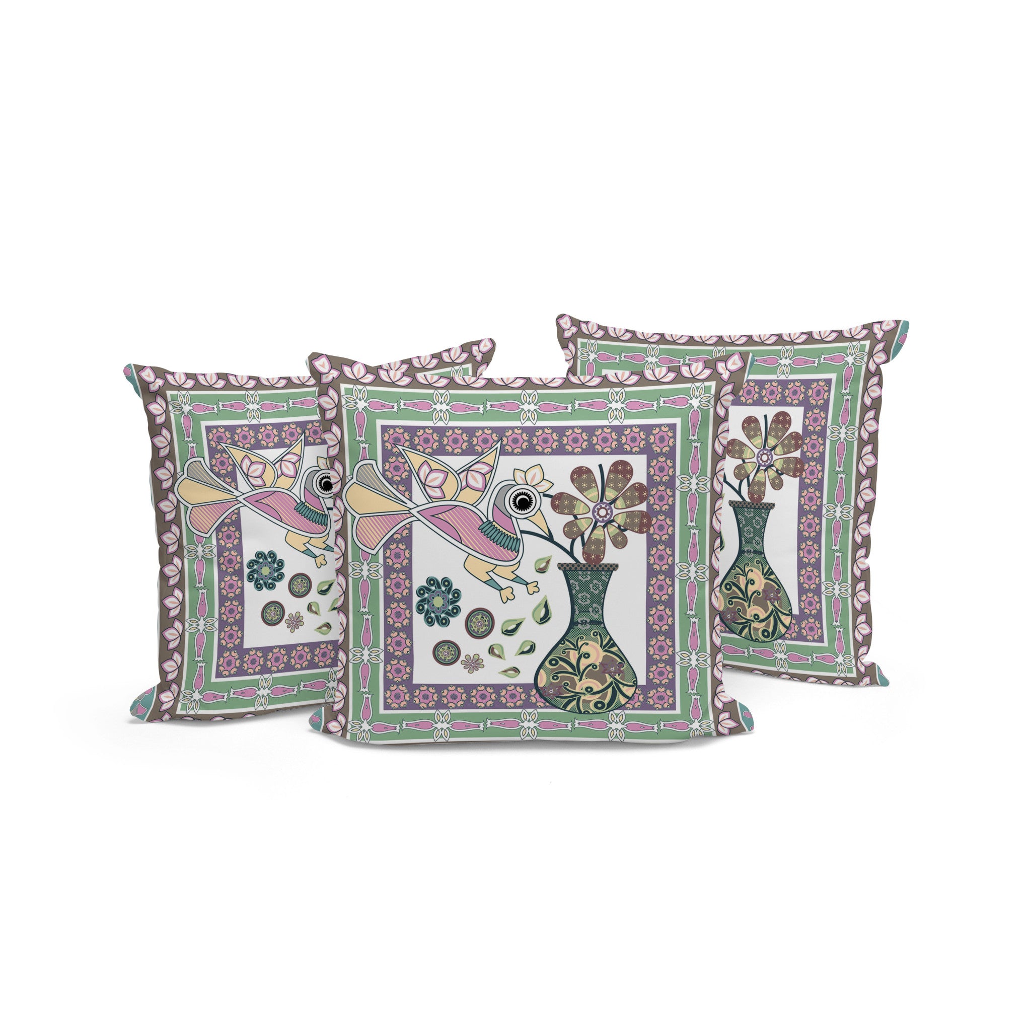 Set of Three 16" X 16" Pink and Brown Peacock Blown Seam Floral Indoor Outdoor Throw Pillow