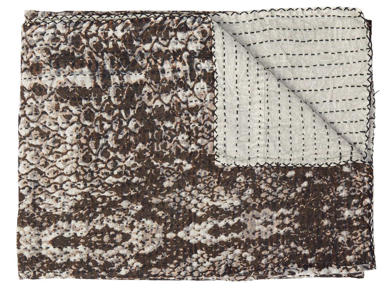 50" X 70" Brown And Ivory Cotton Quilted Kantha Throw Blanket With Embroidery