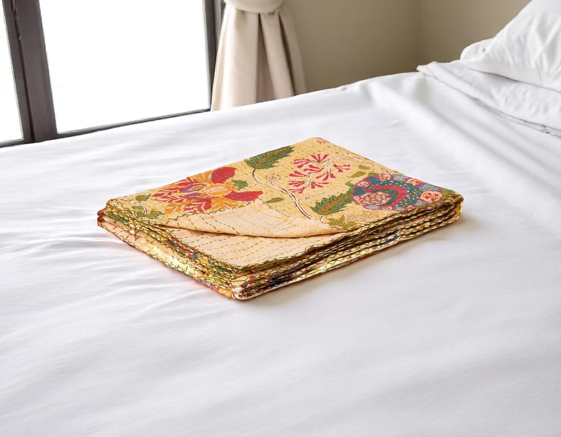 50" X 70" Yellow And Pink Floral Cotton Quilted Kantha Throw Blanket with Embroidery