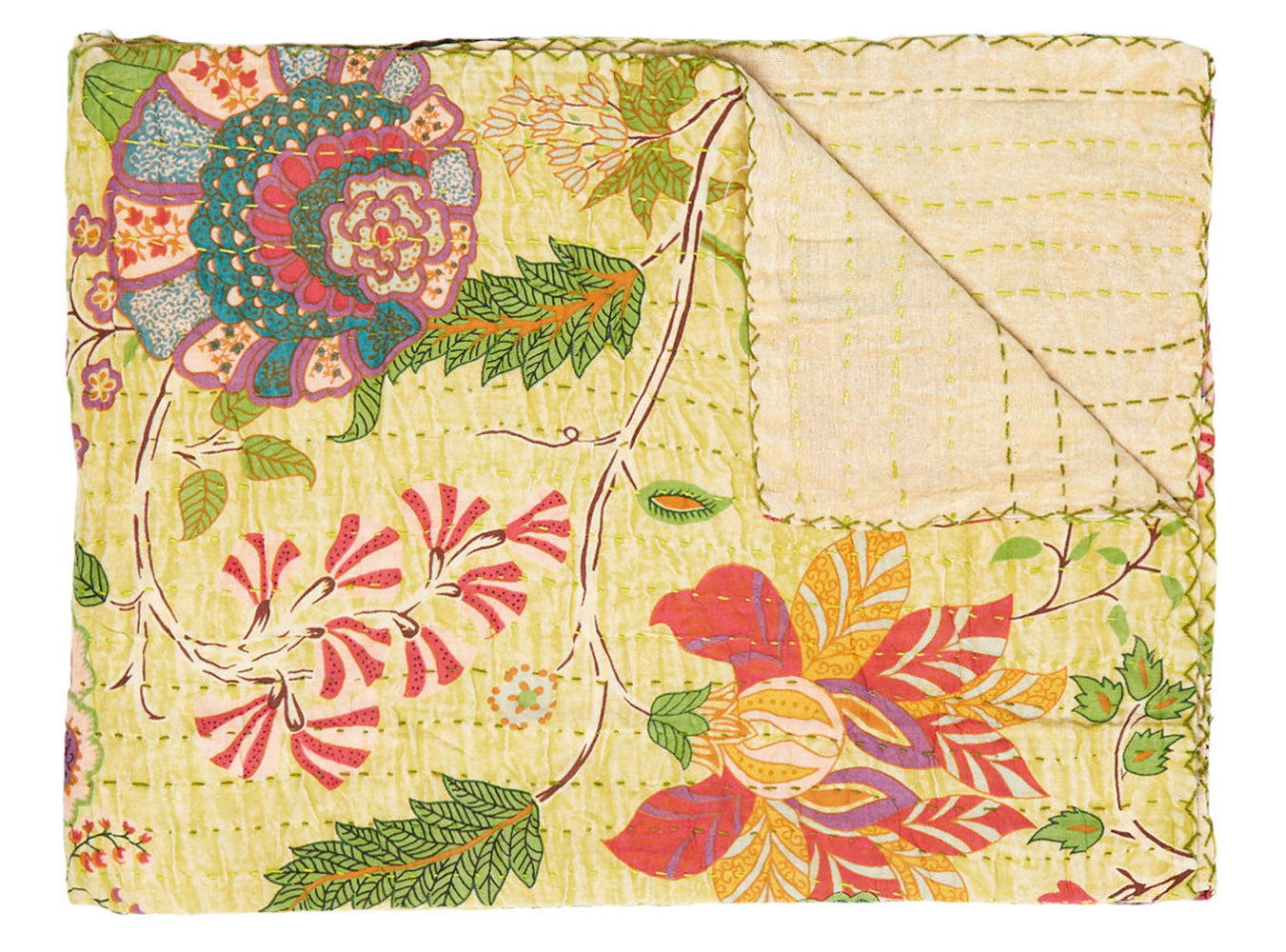 50" X 70" Yellow And Pink Floral Cotton Quilted Kantha Throw Blanket with Embroidery