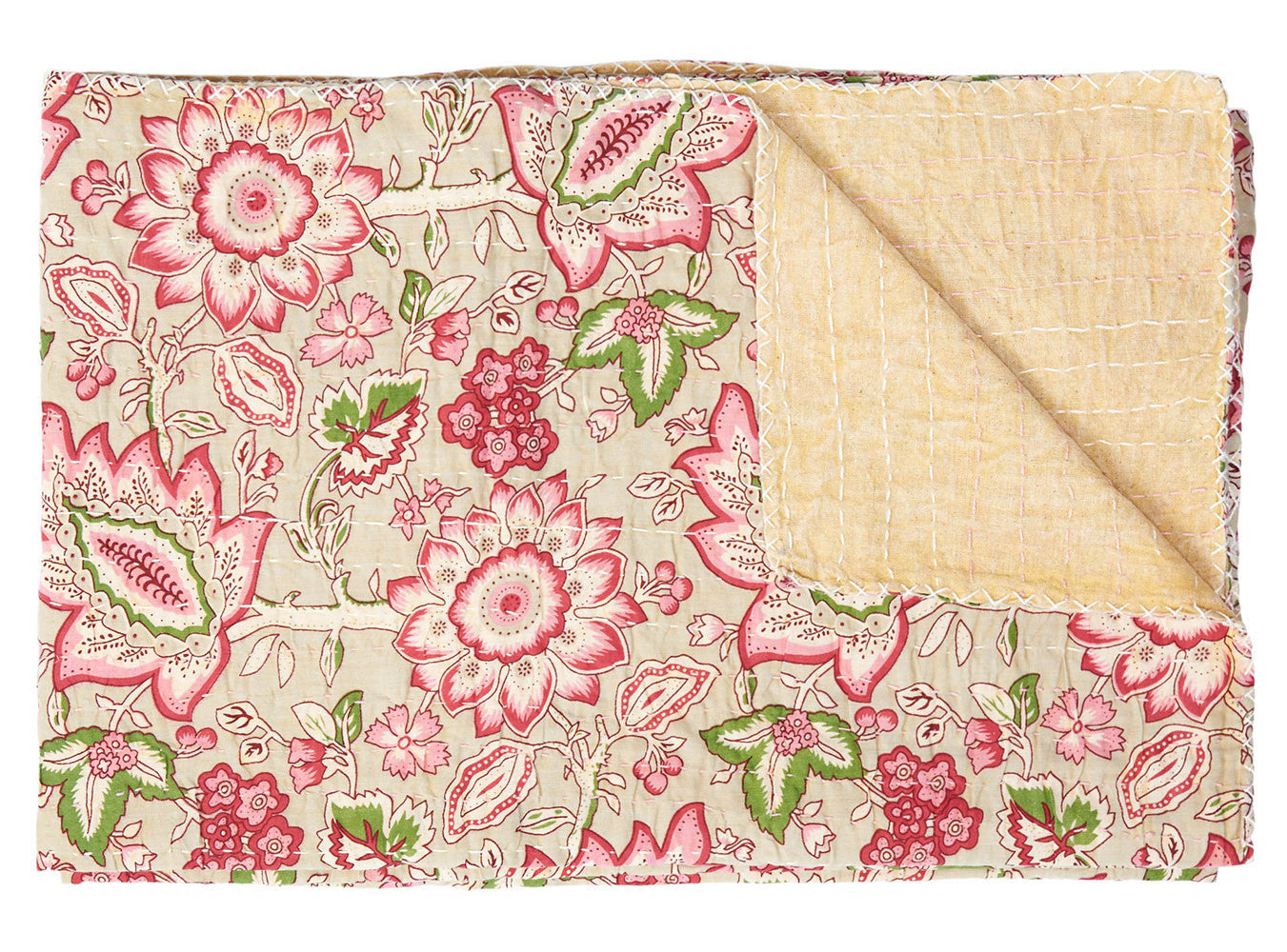 50" X 70" Beige And Pink Floral Cotton Quilted Kantha Throw Blanket with Embroidery