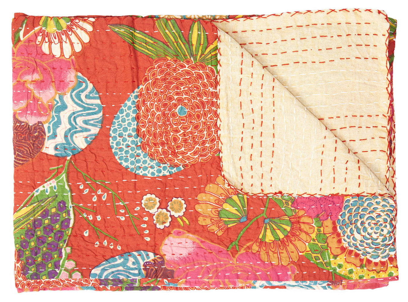 50" X 70" Blue Green And Red Floral Cotton Quilted Kantha Throw Blanket with Embroidery