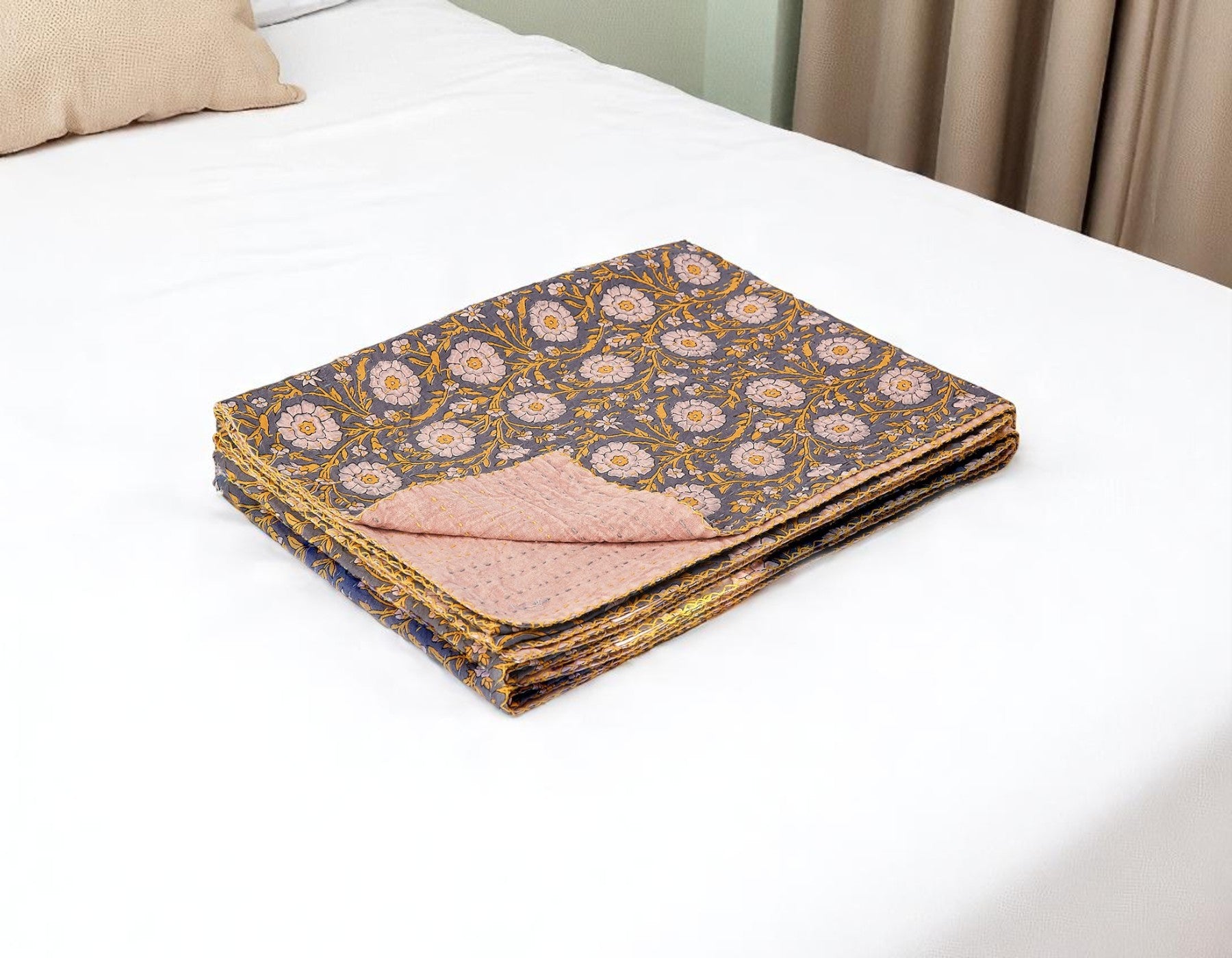 50" X 70" Gray And Yellow Floral Cotton Quilted Kantha Throw Blanket with Embroidery