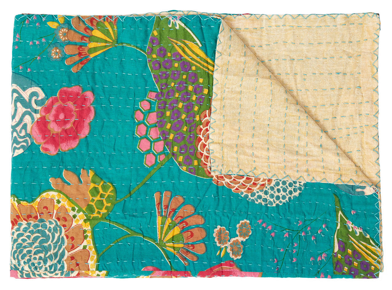 50" X 70" Teal And Pink Floral Cotton Quilted Kantha Throw Blanket with Embroidery