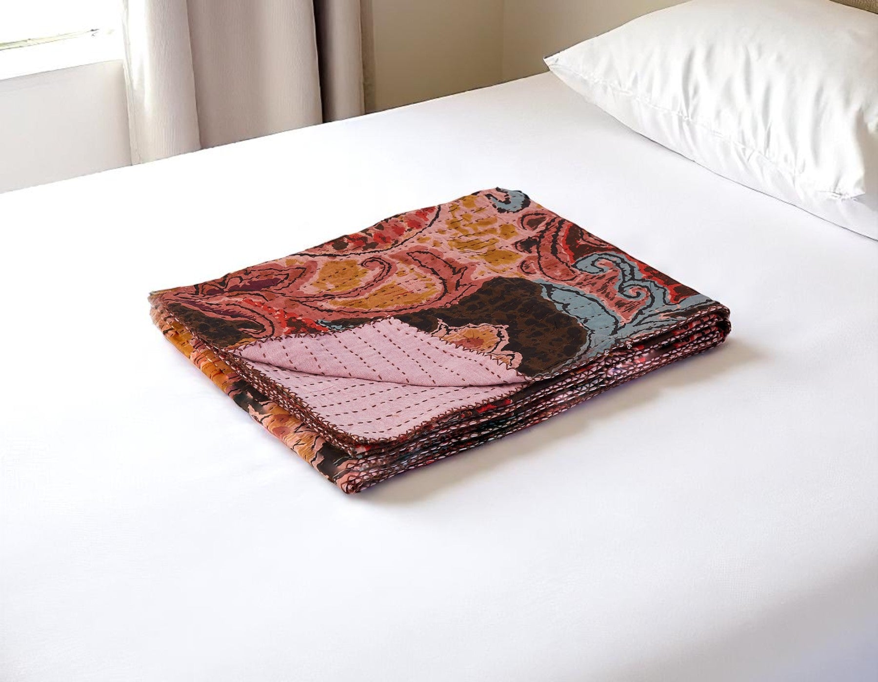 50" X 70" Brown And Pink Floral Cotton Quilted Kantha Throw Blanket with Embroidery