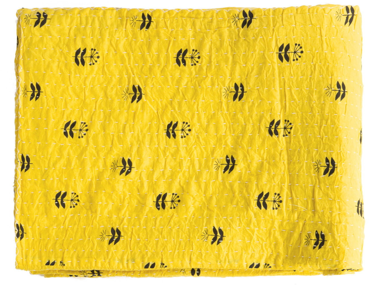 50" X 70" Yellow And Black Floral Cotton Quilted Kantha Throw Blanket with Embroidery