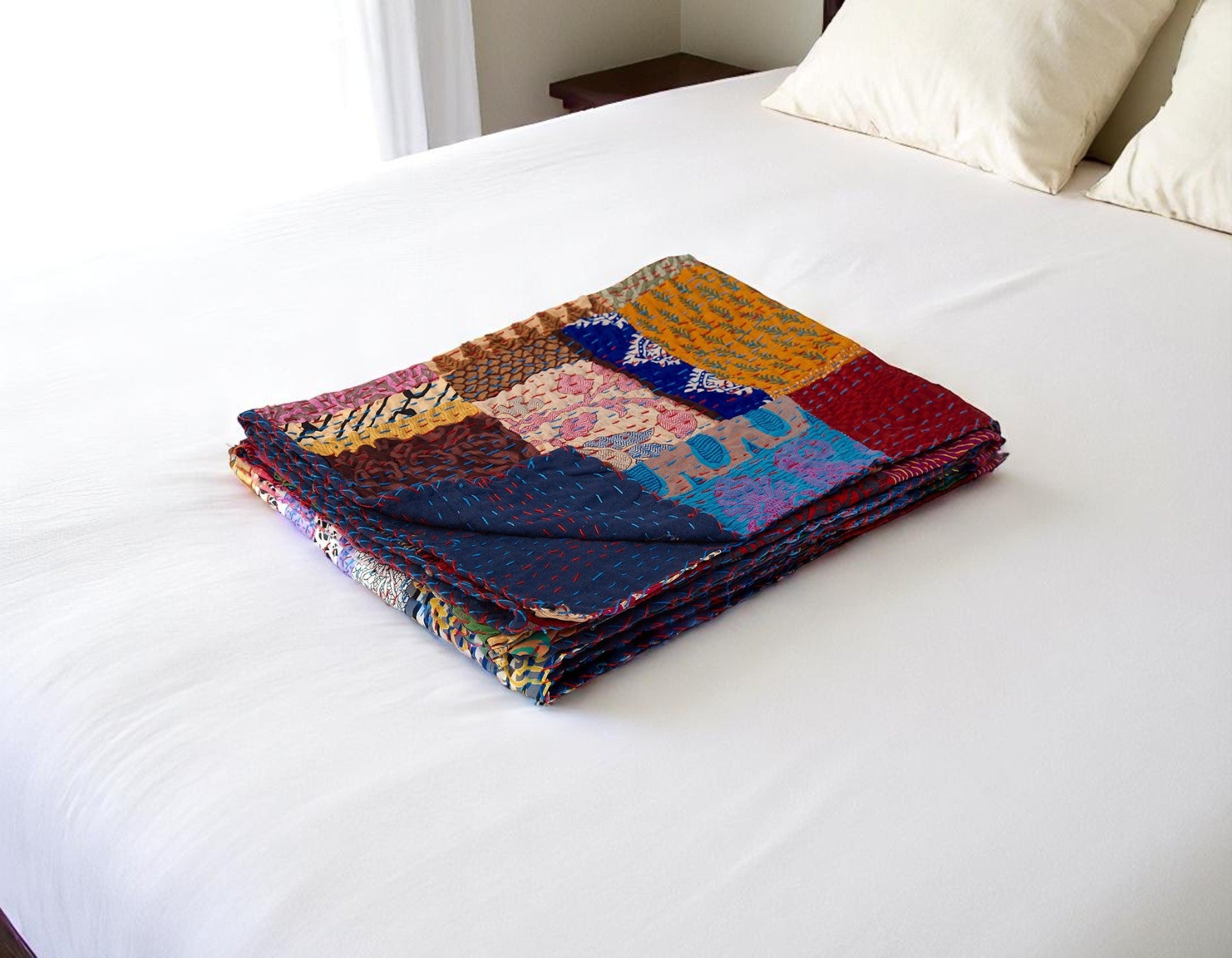 50" X 70" Blue Red And Yellow Patchwork Silk Quilted Kantha Throw Blanket with Embroidery