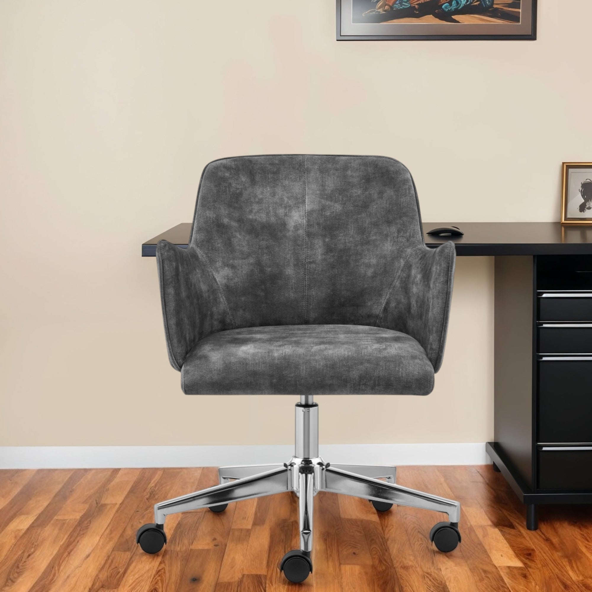 Dark Gray and Silver Velvet and Steel Adjustable Swivel Rolling Conference Office Chair