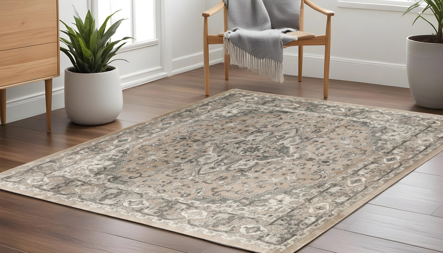 8' Beige and Gray Square Medallion Power Loom Distressed Area Rug