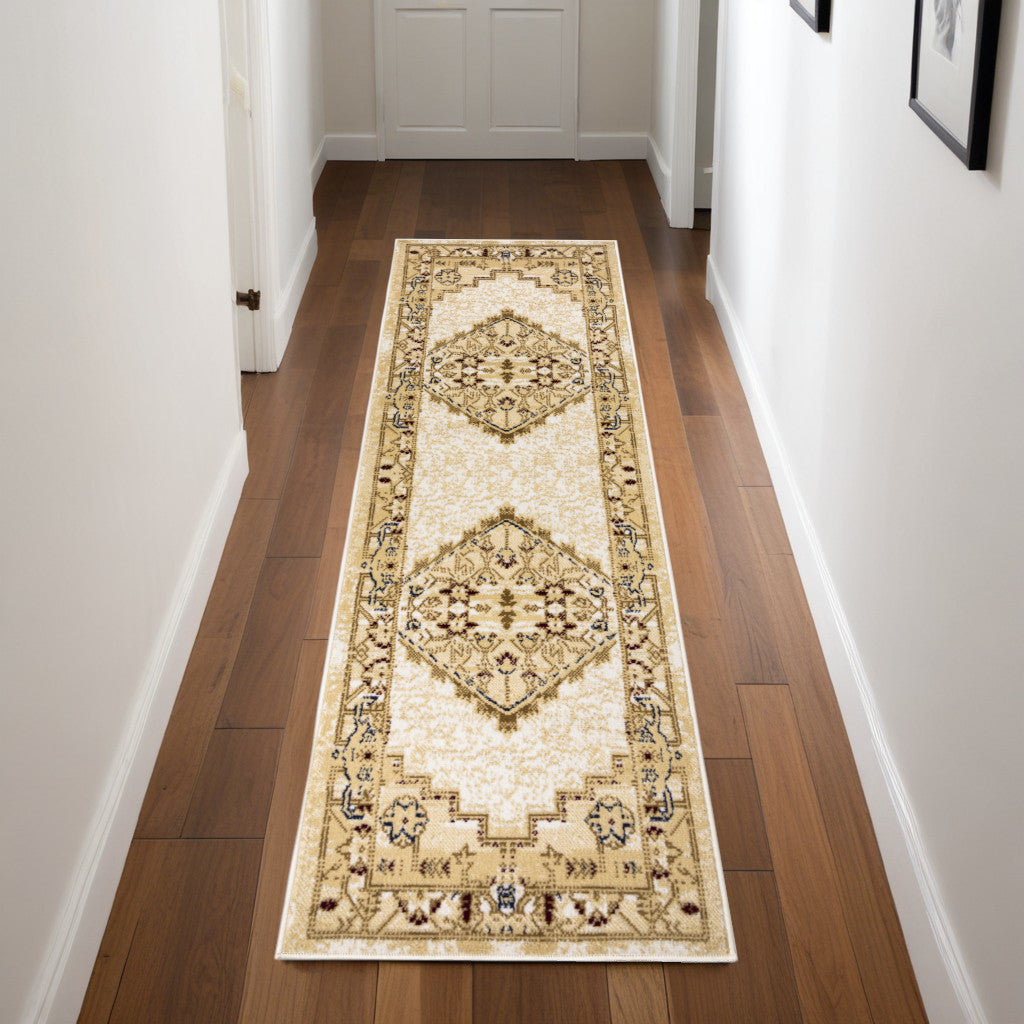 8' Beige And Ivory Medallion Distressed Runner Rug