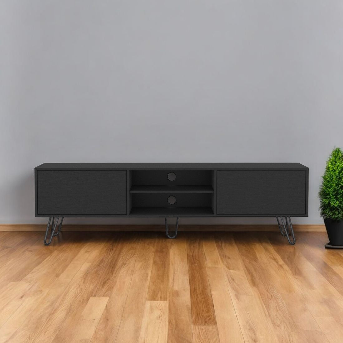 71" Black Wood Enclosed And Open Storage TV Stand