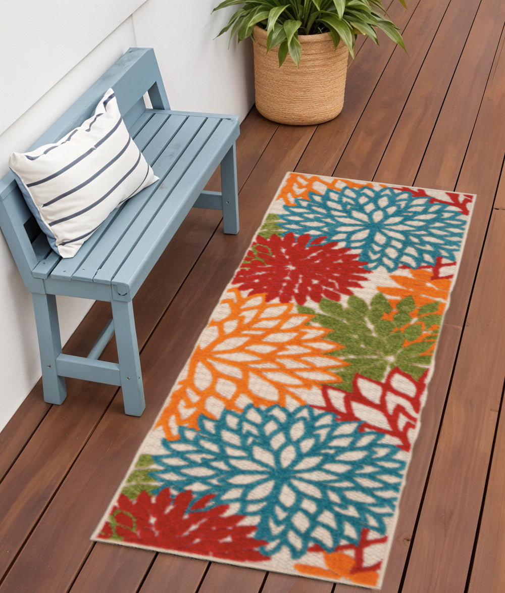 6' Blue Green And Orange Floral Indoor Outdoor Runner Rug