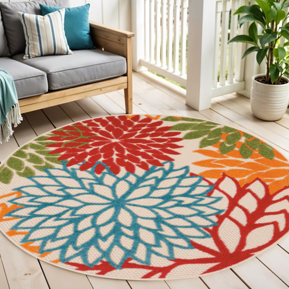 5' Orange Red Green And Blue Round Floral Indoor Outdoor Area Rug