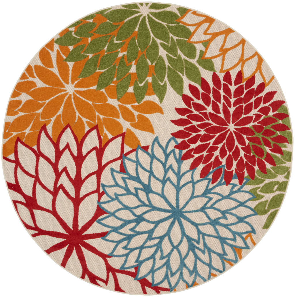 5' Orange Red Green And Blue Round Floral Indoor Outdoor Area Rug