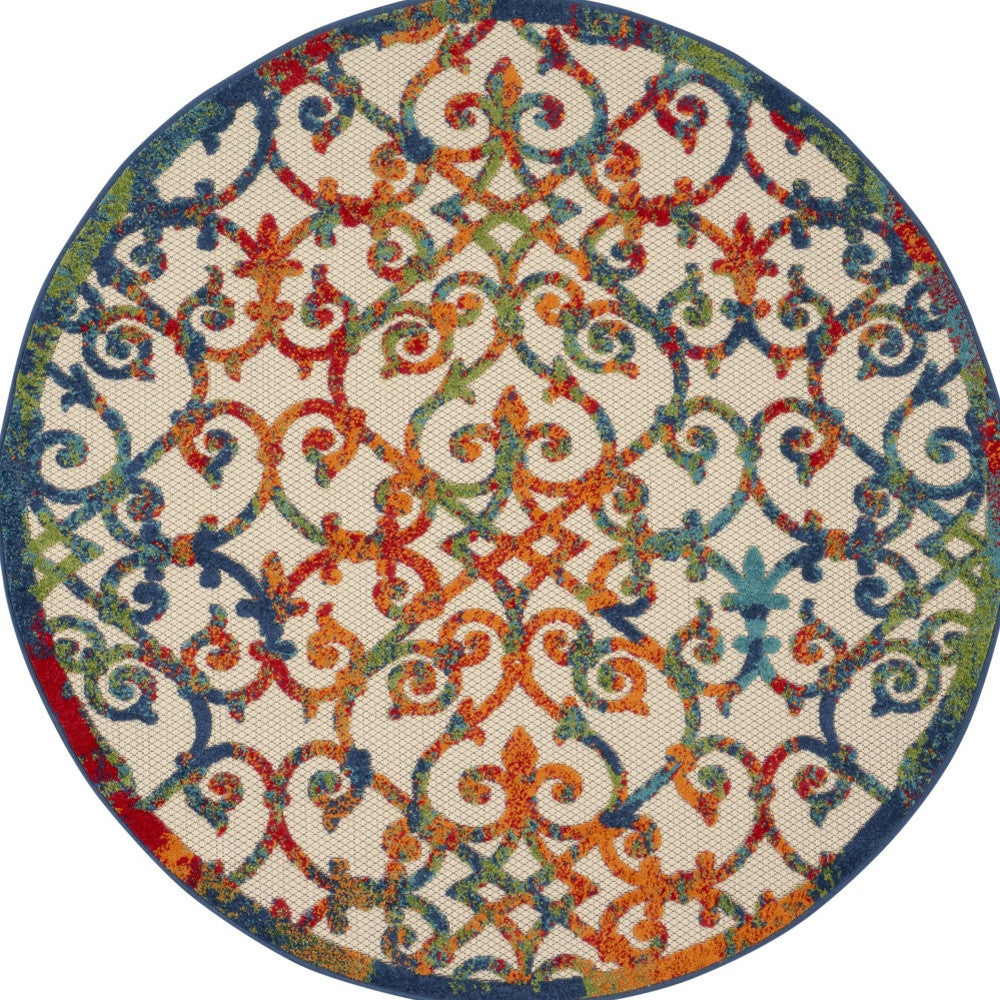 4' Ivory Blue Orange And Green Round Trellis Indoor Outdoor Area Rug