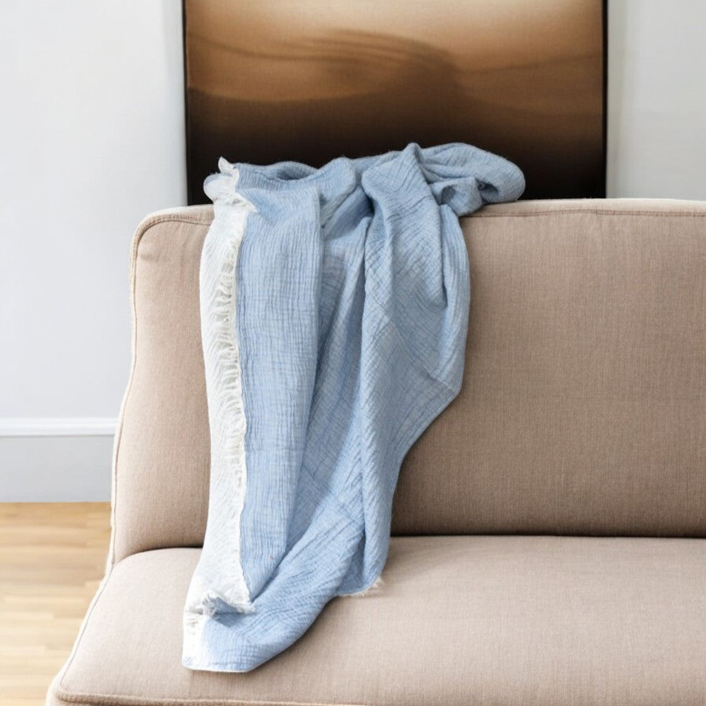 47" X 60" Blue Cotton Woven Turkish Towel Throw Blanket with Fringe