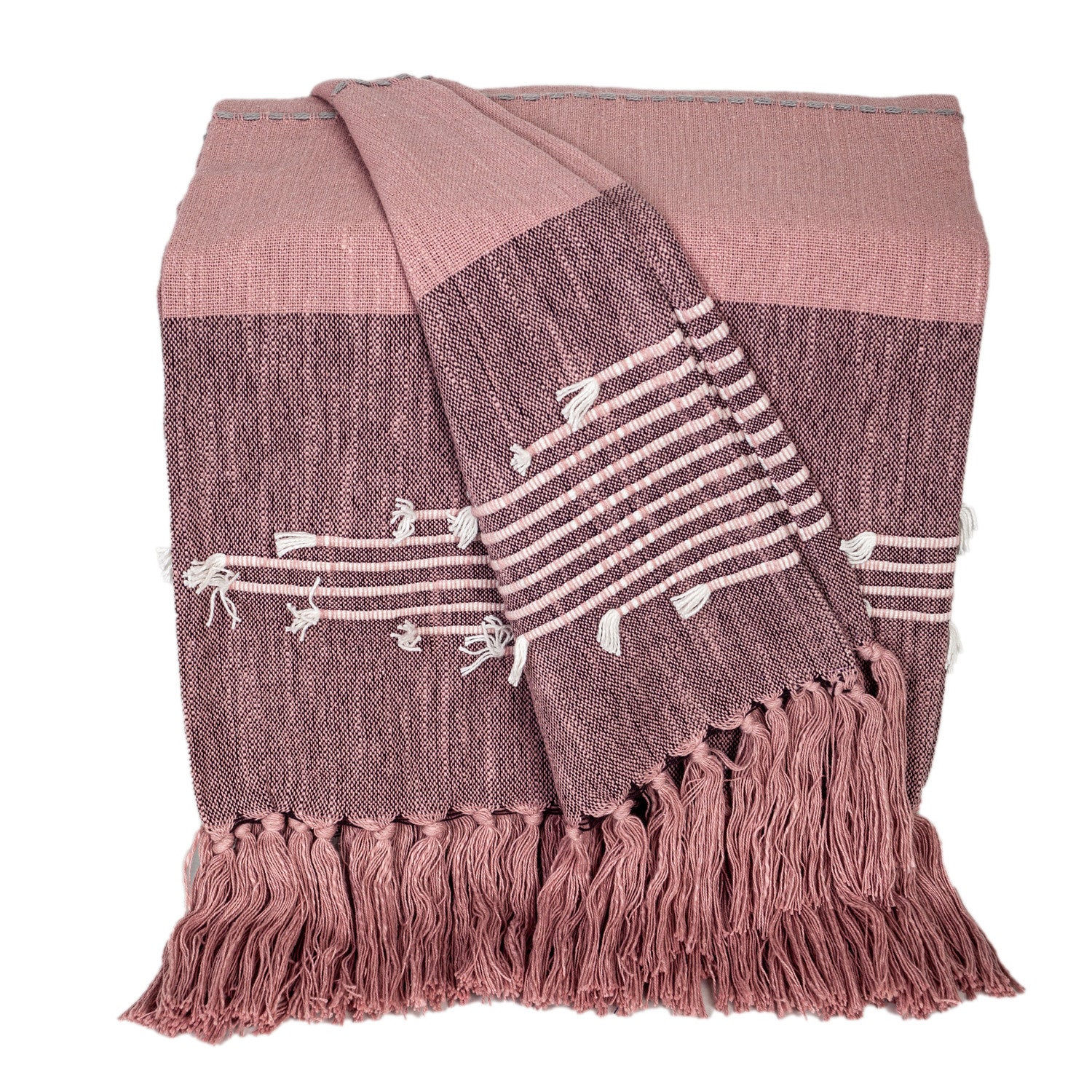 50" X 60" Pink Woven Cotton Striped Throw Blanket with Tassels and Embroidery