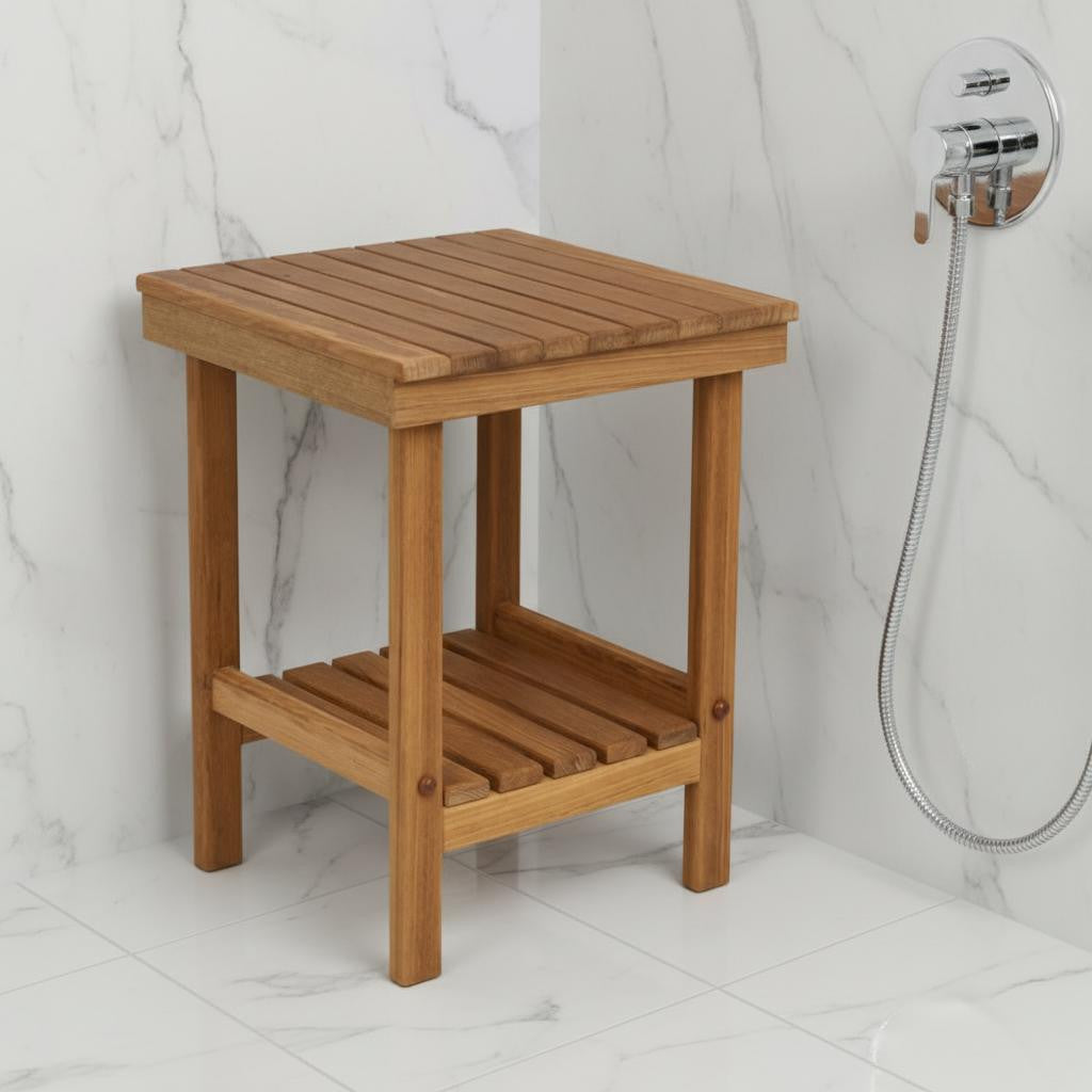 16" X 13" Brown Teak Square Shower Bench With Shelf