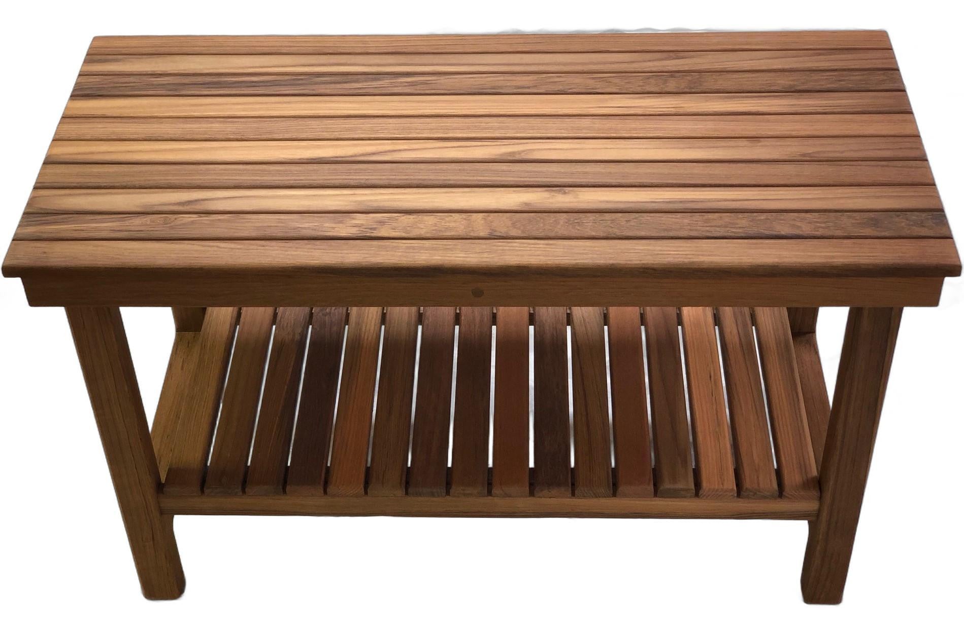 18" X 30" Brown Teak Rectangular Shower Bench With Shelf