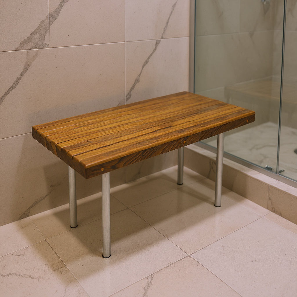 18" X 30" Brown Teak Wood And Stainless Steel Rectangular Shower Bench