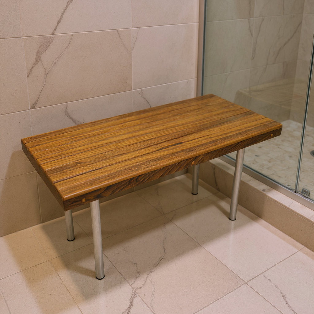 18" X 48" Brown Teak Wood And Stainless Steel Rectangular Shower Bench