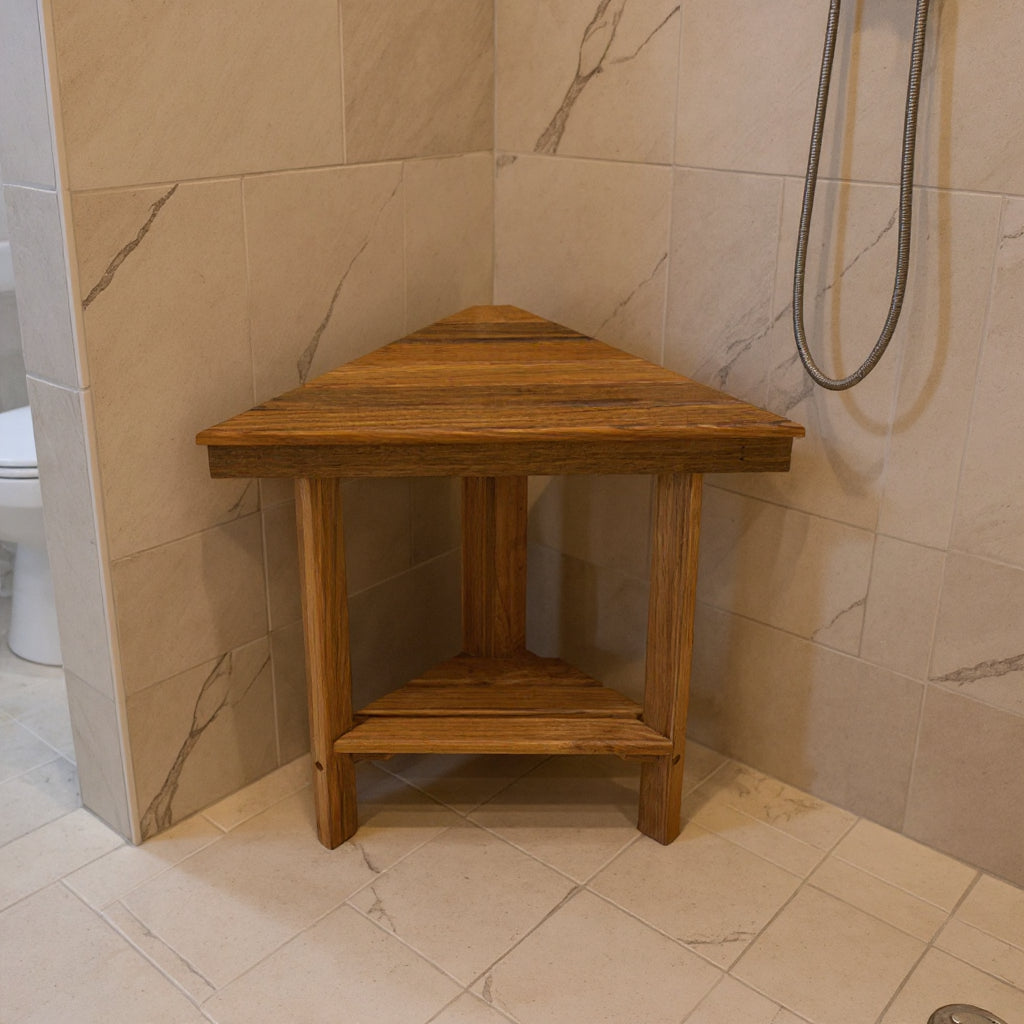 18" X 17" Brown Teak Corner Shower Bench With Shelf