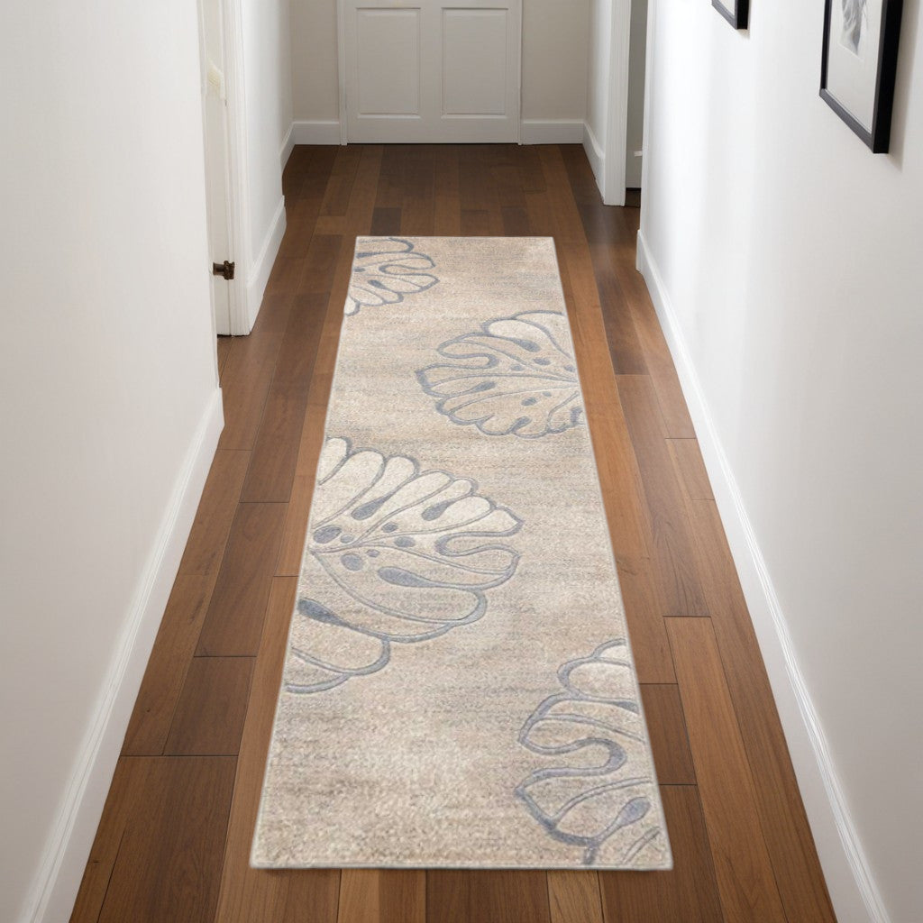 8' Beige and Gray Floral Non Skid Runner Rug