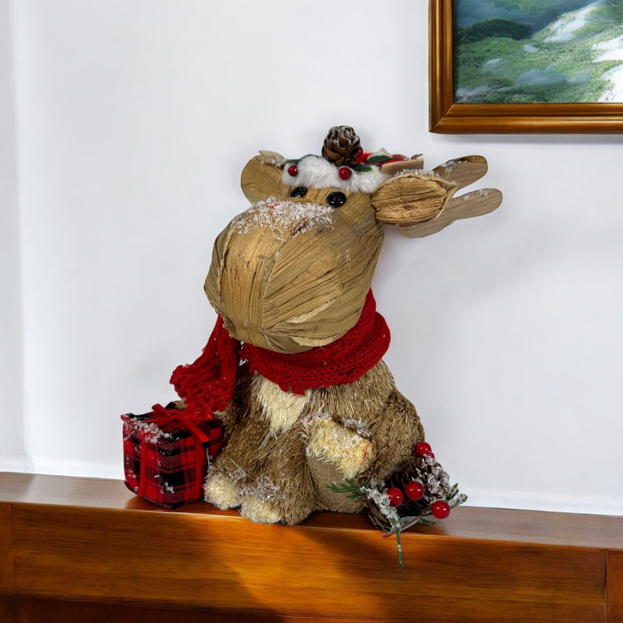 10" Brown Red And Green Straw Reindeer Christmas Reindeer Figurine